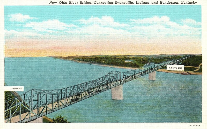 Vintage Postcard 1930's New Ohio River Bridge Indiana & Henderson Kentucky KY