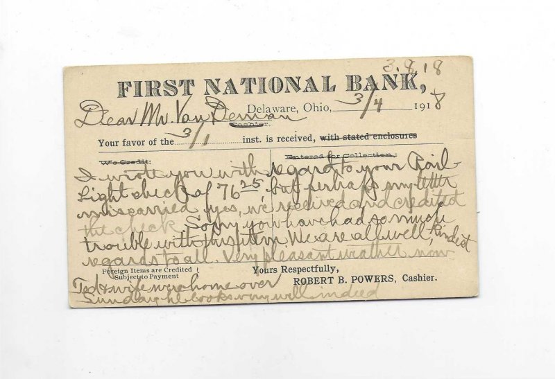 Vtg Delaware, Ohio First National Bank Postal Card