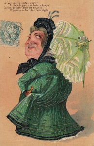 Drawn woman caricature with umbrella embossed postcard 1903