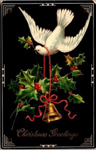Dove Carrying Bell Holly Berries gold gel Christmas Postcard