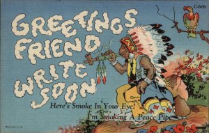 Curteich Linen American Indian Smoking Peace Pipe Vintage Postcard