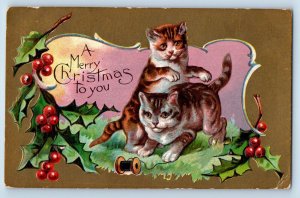 Albuquerque New Mexico NM Postcard Christmas Cat Kittens Holly Berries Embossed