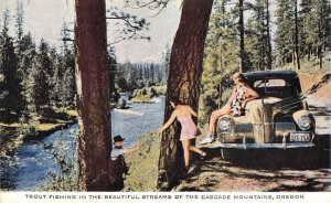 Trout Fishing Cascade Mountains Oregon Old Car Salem c1940s Vintage Postcard