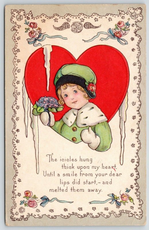 MEP Valentine~Little Girl in Red Heart~Lime Coat~Lace Doily Border~ART DECO~515C 