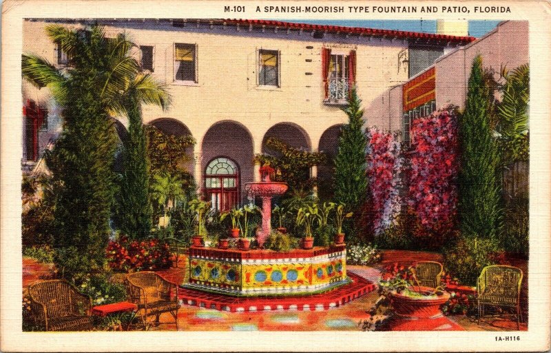 Spanish Moorish Fountain Patio FL Florida Linen Postcard PM Miami Cancel WOB 