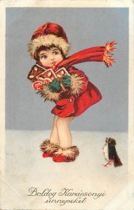 Hungary Christmas greetings postcard 1927 drawn girl with gingerbread and bird