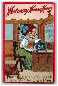 c1910's Old Woman Typewriter At Hubby Office Embossed Posted AntiquePostcard
