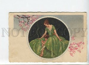 438365 Art Deco CORBELLA Lady in Green & CUPID Vintage postcard DEGAMI #837