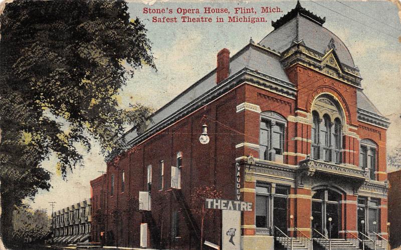 Michigan Mi Postcard FLINT 1912 STONE'S OPERA HOUSE Building Safest Theatre