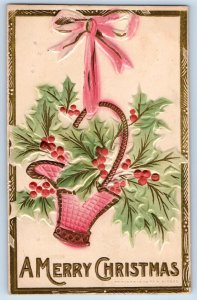 Christmas Postcard Holly Berries Hanging Basket Airbrushed Embossed Franklin PA