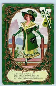 St. Patrick's Day Postcard Pretty Woman Pipes Embossed Milwaukee Wisconsin WI