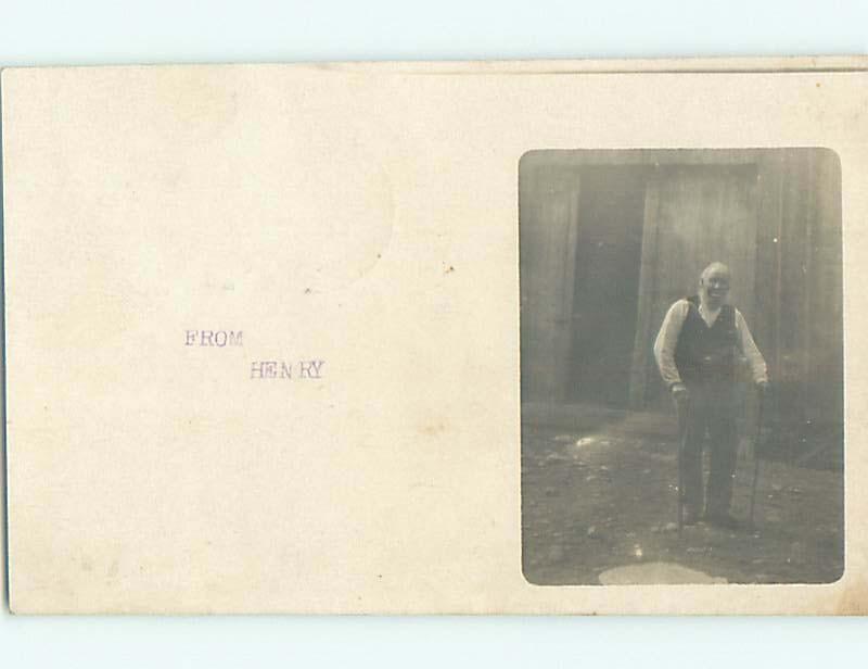 1908 rppc OLD MAN WITH TWO CANES Postmarked Orange Massachusetts MA HM2514