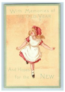 Victorian New Year's Wishes Trade Card, Lovely Young Girl Red Bonnet Running Z9