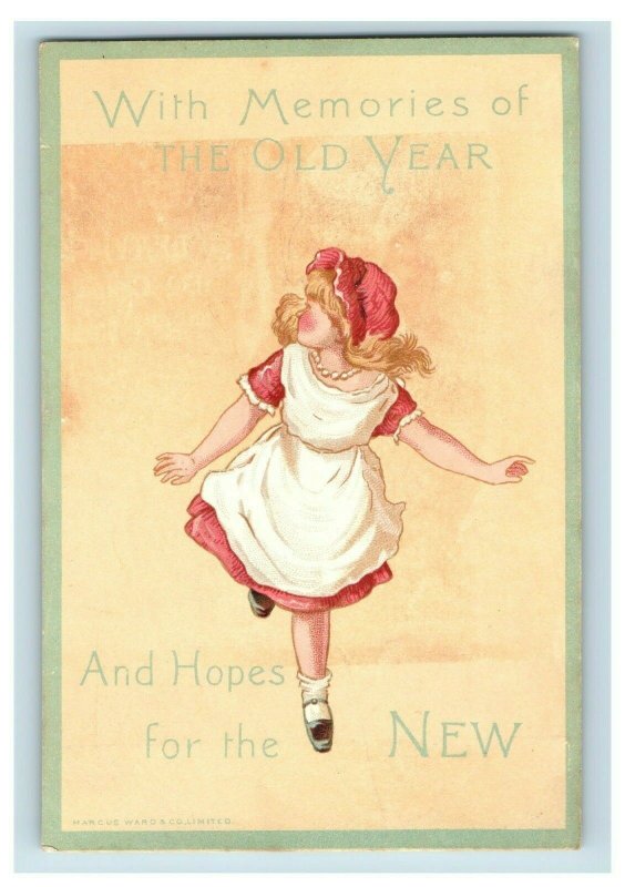 Victorian New Year's Wishes Trade Card, Lovely Young Girl Red Bonnet Running Z9