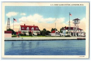 1940 US Coast Guard Station Rustic Tower Flags Ludington Michigan MI Postcard