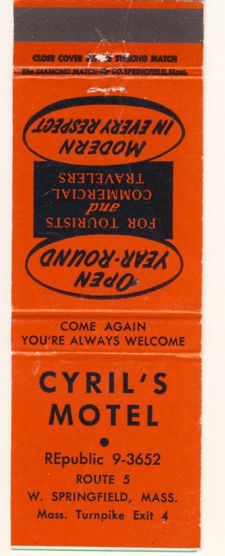 Vintage West Springfield, Mass/MA Match Cover, Cyril's Motel