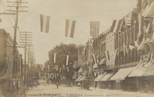 OWEGO NY FIREMEN'S CONVENTION 1908 ANTIQUE REAL PHOTO POSTCARD RPPC US FLAGS