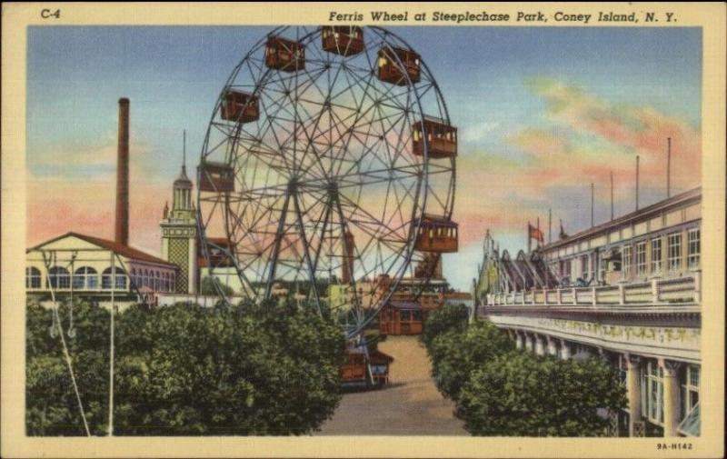 Coney Island NY Ferris Wheel Steeplechase Park Linen Postcard