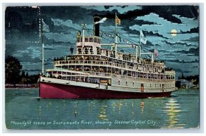 1918 Moonlight Scene Sacramento River Steamer Capital City California Postcard 