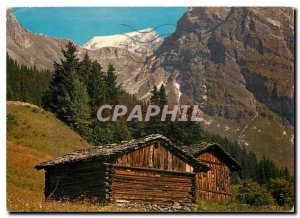 Modern Postcard The Alps Natural Colors Small Chalets in high mountain hay
