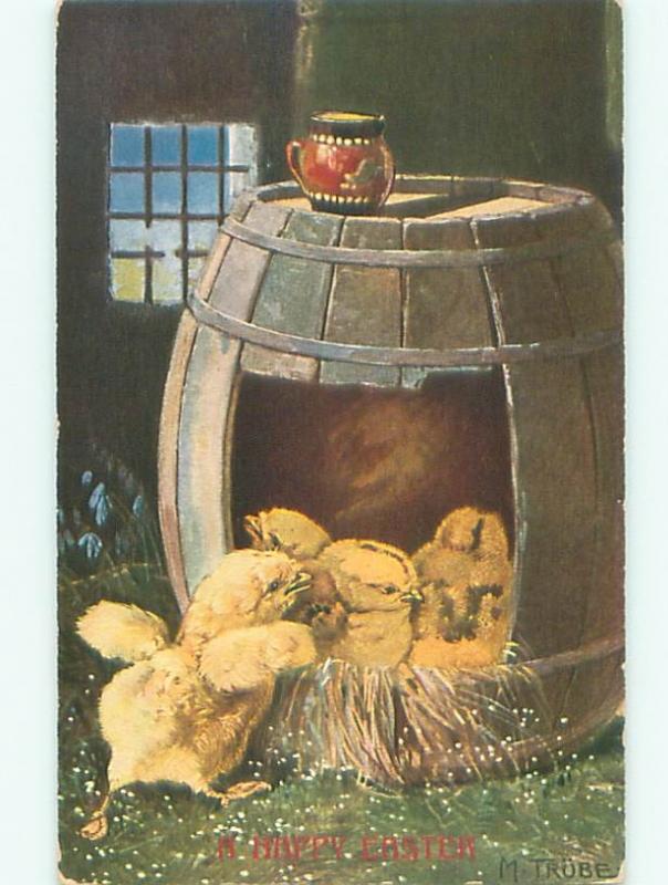 Pre-Linen Easter CUTE CHICKS LIVING IN BARRELL AB3949