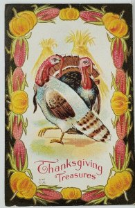 Thanksgiving Treasures Turkey Wheat Pumpkin & Corn Cob Border Emb Postcard M20