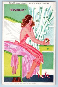 WWII Postcard Pretty Woman Curly Hair Reveille Bugle Call c1940's Vintage