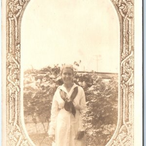 c1910s Cute Young Lady Outdoor RPPC Smile Laugh Happy Photo Floral Border A159