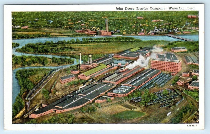 WATERLOO, Iowa IA ~ Aerial View JOHN DEERE TRACTOR COMPANY c1930s Linen Postcard
