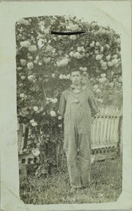 C. 1910 RPPC, Man Smoking Pipe, Pistol in Overalls Vintage Postcard F29