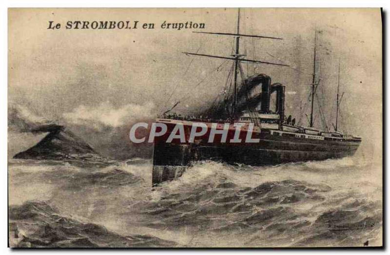 Old Postcard Boat Ship erupting Stromboli
