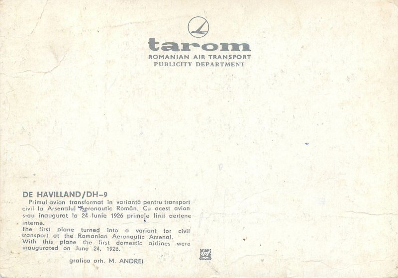 Postcard Tarom De Haviland/DH- 9