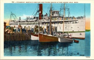 Vtg 1930s Marthas Vineyard Steamboat Fishing Smacks at Pier Woods Hole Postcard