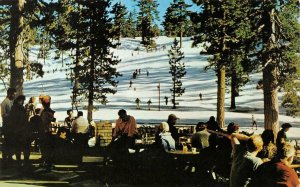 RUNNING SPRINGS, California CA ~ SNOW VALLEY SKI AREA  Patio~Skiers  Postcard