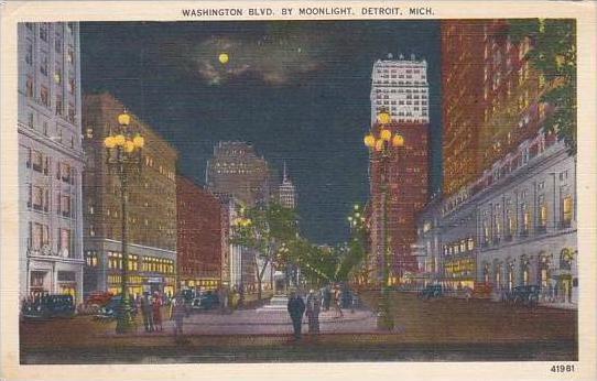 Michigan Detroit Washington Blvd By Moonlight 1950