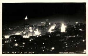 Seattle Washington WA Night View Pacific Aerial Real Photo Vintage Postcard