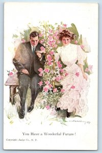 Artist Signed Postcard Couple Romance With Flowers You Have A Wonderful Future