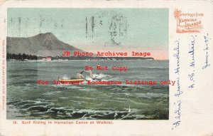 HI, Waikiki, Hawaii, Surf Riding On Canoe, PMC, Island Curio No 18