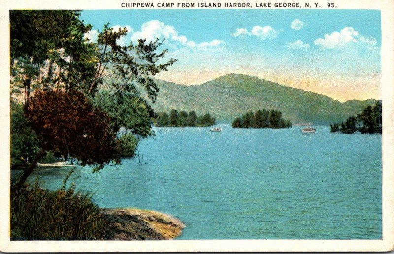 New York Lake George Chippewa Camp From Island Harbor Curteich