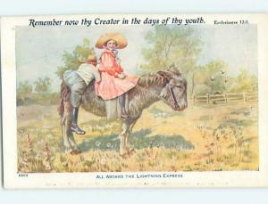 Pre-Linen GIRL AND BOY RIDING ON PONY HORSE HL6357