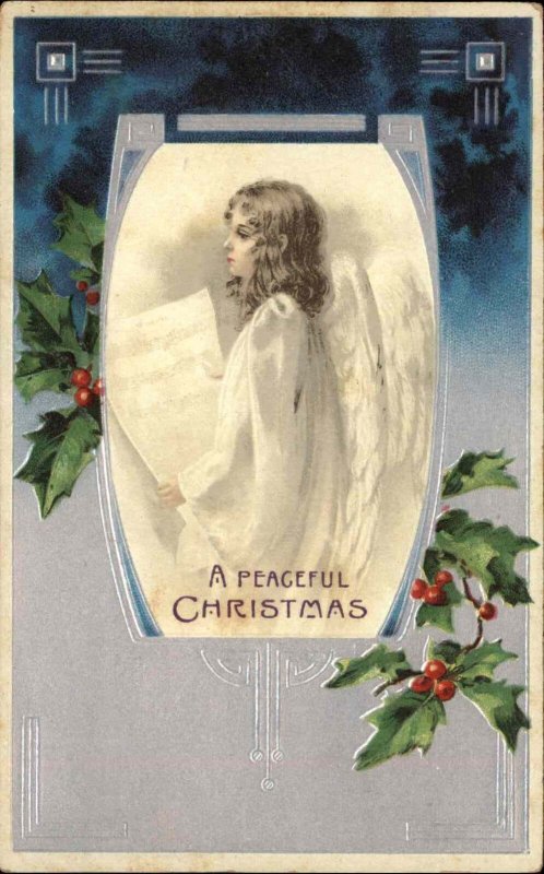Christmas Little Girl Angel Holly Border c1910 Vintage Postcard