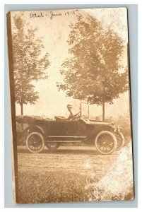 Vintage 1915 RPPC Postcard Woman in Antique Car in Countryside - Nice Photo