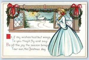 Christmas Postcard Greetings Pretty Girl Window Berries House Winter Embossed