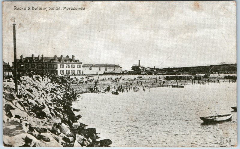 c1906 Morecambe UK Rocks & Bathing Sands Beach People Seaside Resort Postcard