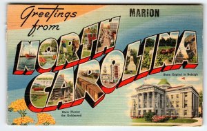 Greetings From Marion North Carolina Large Big Letter Linen Postcard 1947