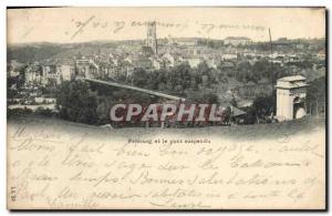 Old Postcard Friborg Switzerland and the suspension bridge