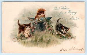 Easter Greeting ~ 3 CUTE KITTENS & TOP HAT ~ 1905 Chromolitho Postcard