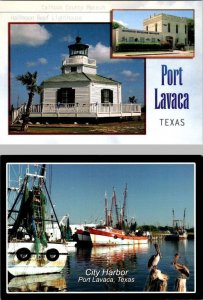 2~4X6 Postcards Port Lavaca, Texas HALFMOON REEF LIGHTHOUSE & CITY HARBOR~Boats