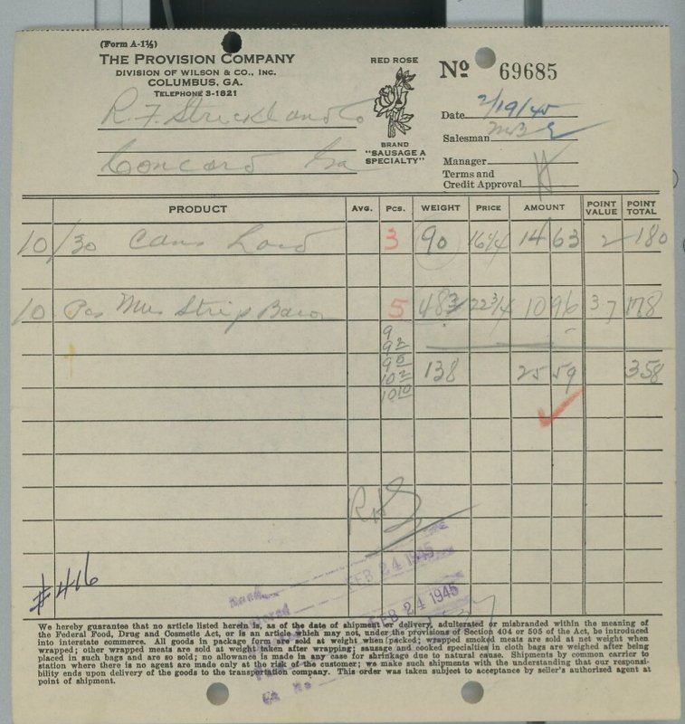 1945 la disposición empresa Columbus Georgia Rojo Rosa Salchicha tocino manteca de cerdo Factura 320 