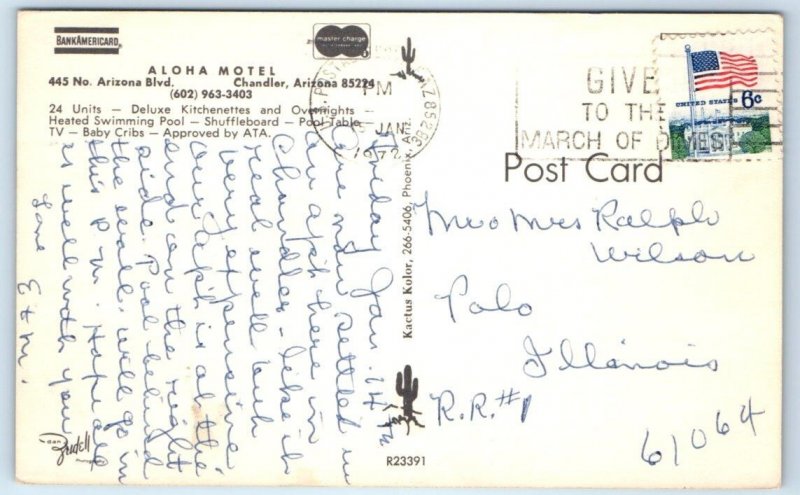 CHANDLER, AZ Arizona ~ ALOHA MOTEL 1972 Roadside Postcard